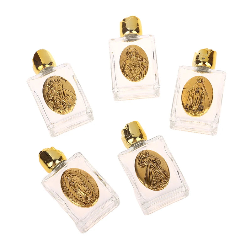 Mini Refillable Holy Water Bottle – Glass with Christian Figure & Rosette Cap – 15ml