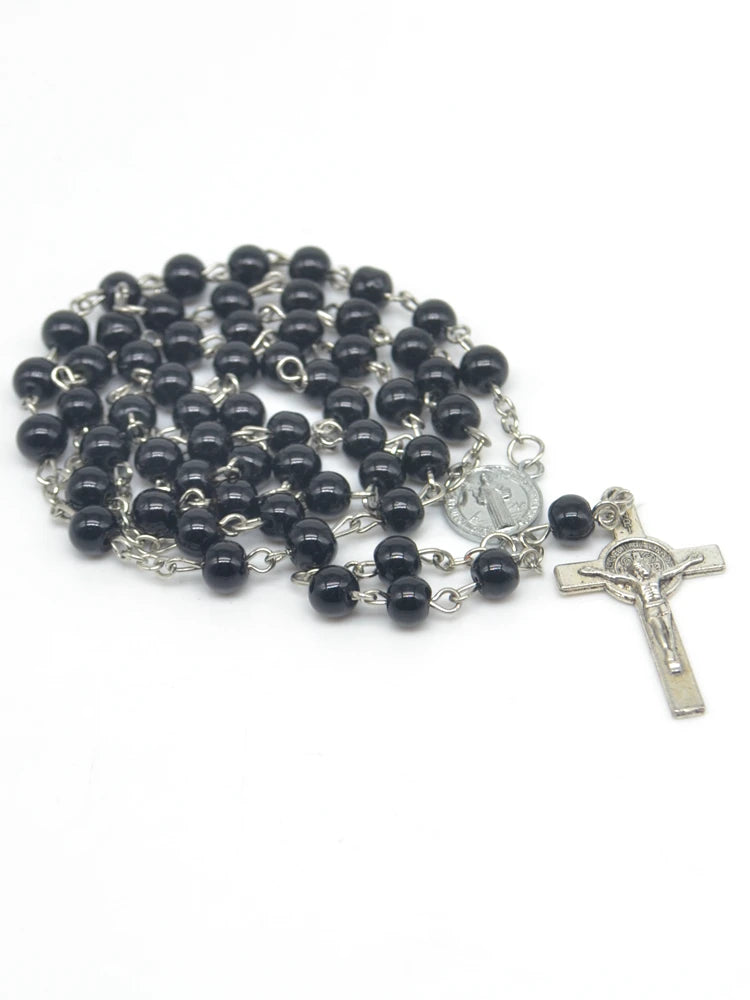 6mm Black Glass Rosary Beads with Saint Benedict Medal, INRI Jesus Cross Pendant – Catholic Christian Religious Jewelry