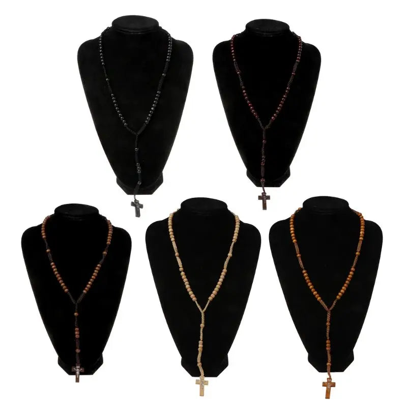 Catholic Wooden Beads Rosary Necklace with Jesus Cross Imprint – Religious Jewelry Souvenir Gift for Unisex Men and Women