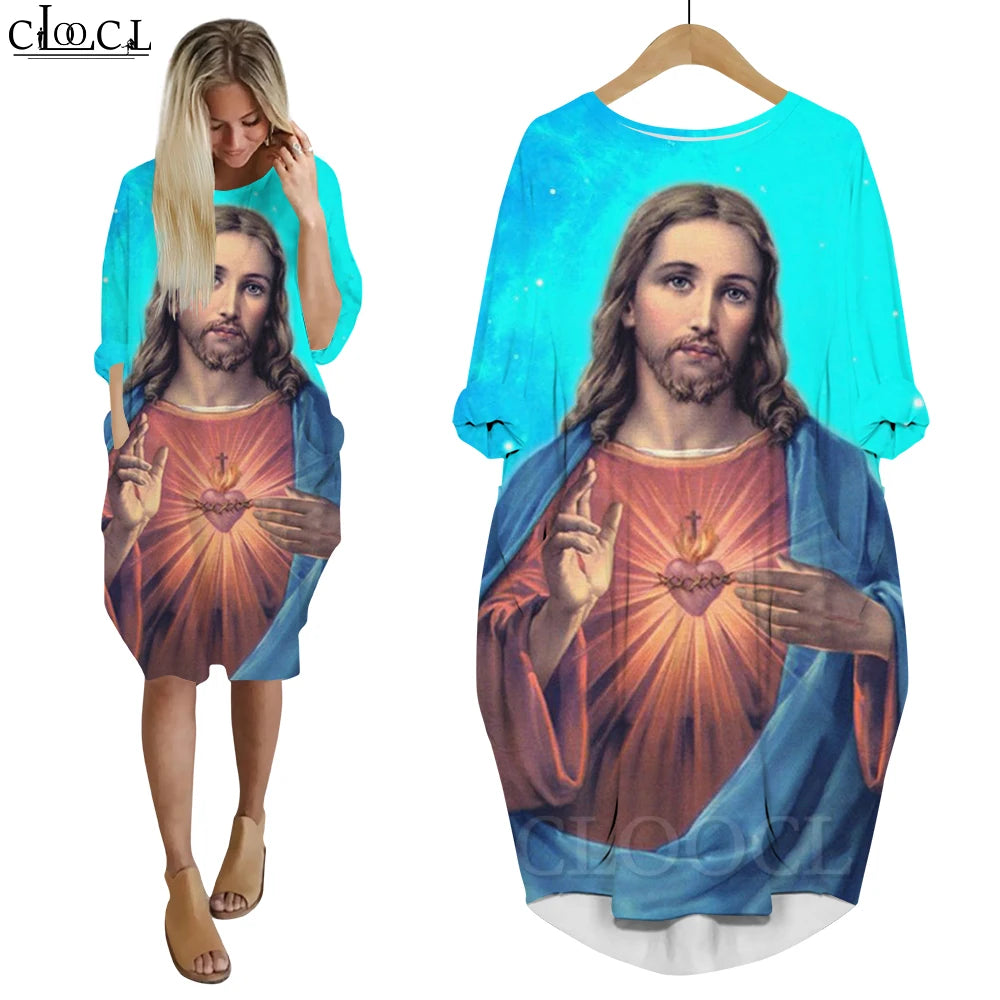 Women’s Jesus Catholic Loose Dress – Knee-Length Casual Long Sleeve Pocket Dress with 3D Printing
