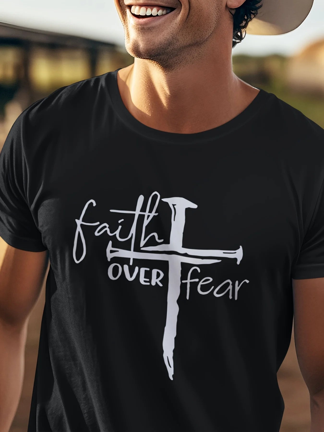 Faith Over Fear Printed Men’s Sports Crew Neck Short Sleeve T-Shirt – Breathable Cotton Casual Tee