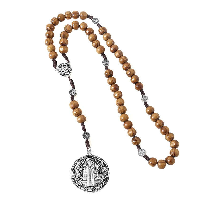 Wood Beads Rosary Cross Necklace For Women Men Christian Virgin Mary INRI Pendant Chain Fashion Religion