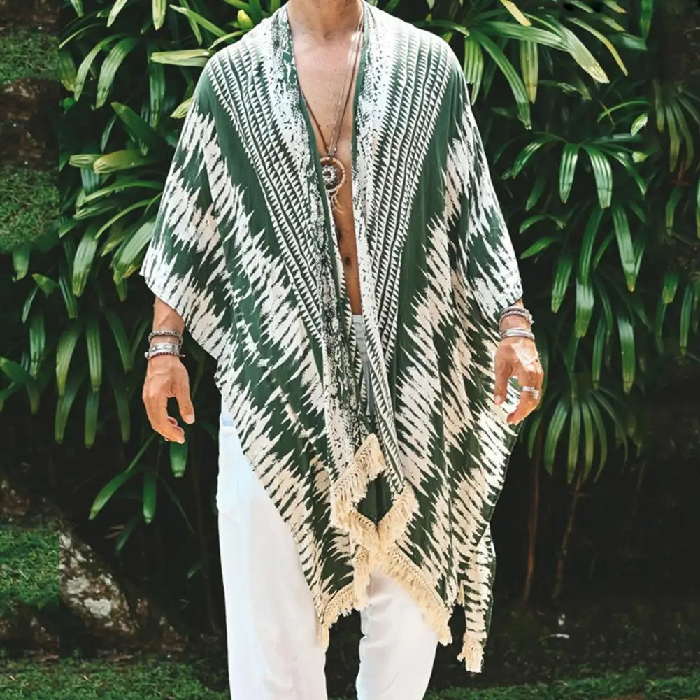Men's Long Linen Tulum Cardigan – Lightweight Summer Sun Protection Shirt with Fringe