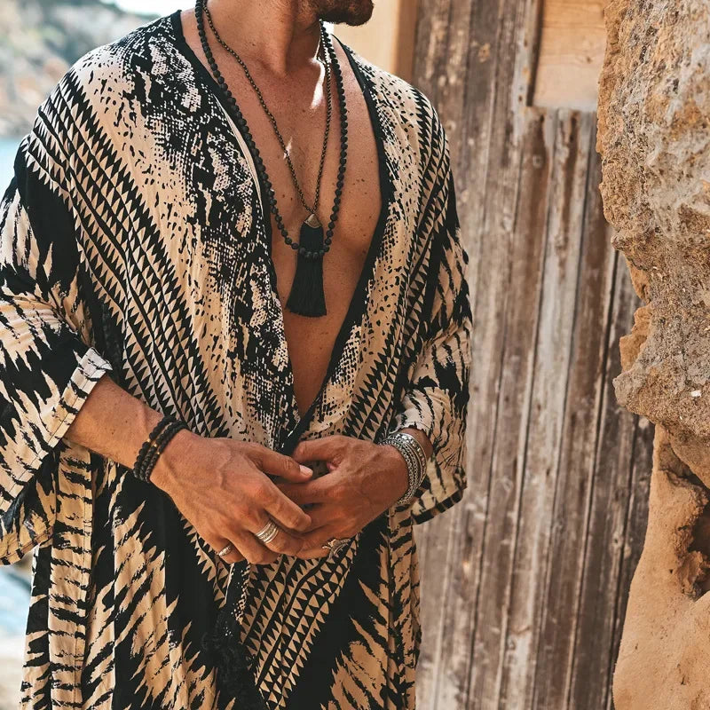 Retro Beach Cardigan Shirt for Men – Lightweight Striped Vacation Pullover with Turn-Down Collar
