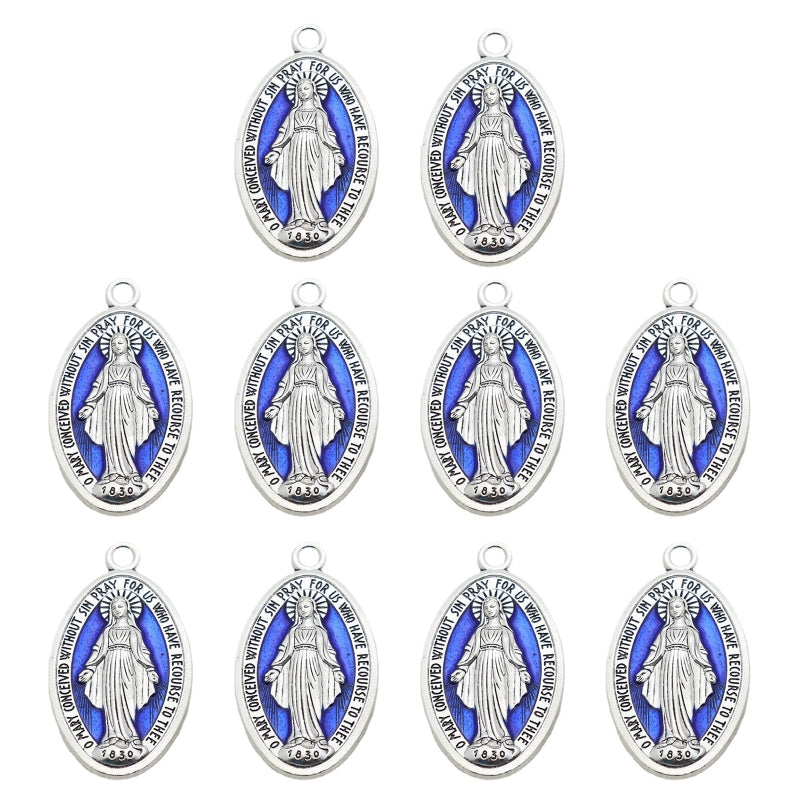 10 Pcs Miraculous Medal Pendant Charms – Catholic Necklace or Rosary Charms, Blessed Virgin Oval Pendants with Loop