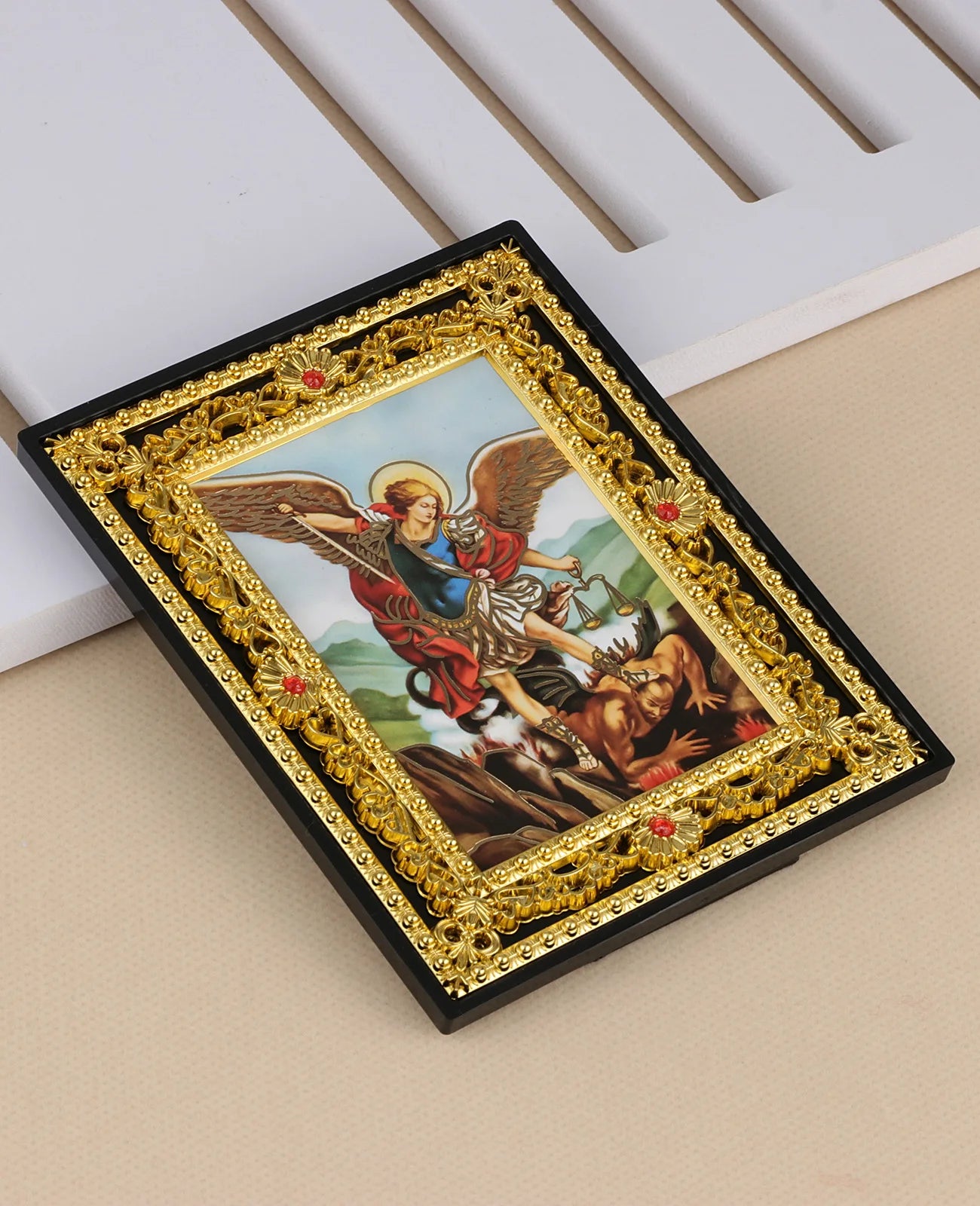Immaculate Heart of Mary and St. Michael Icon Figurine – Square Frame Holy Family Tabletop Decoration