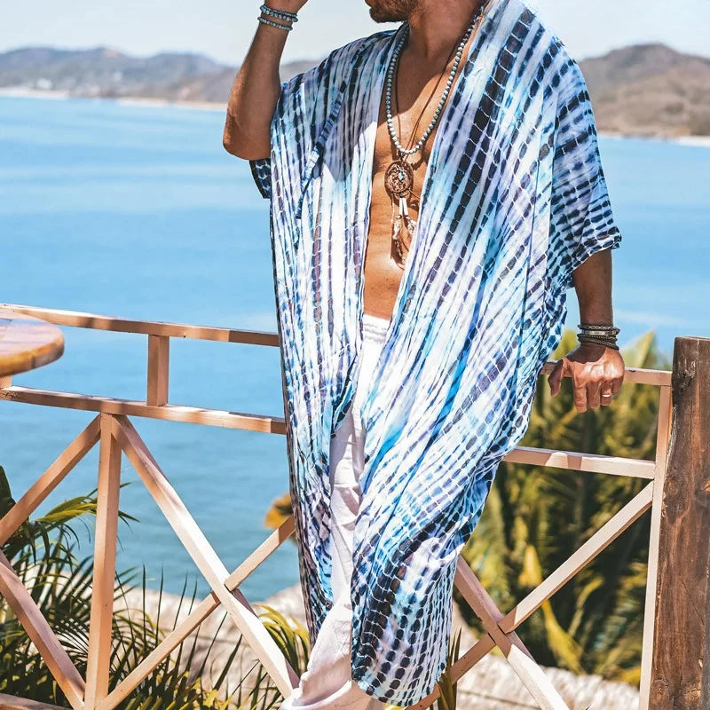 Retro Beach Cardigan Shirt for Men – Lightweight Striped Vacation Pullover with Turn-Down Collar