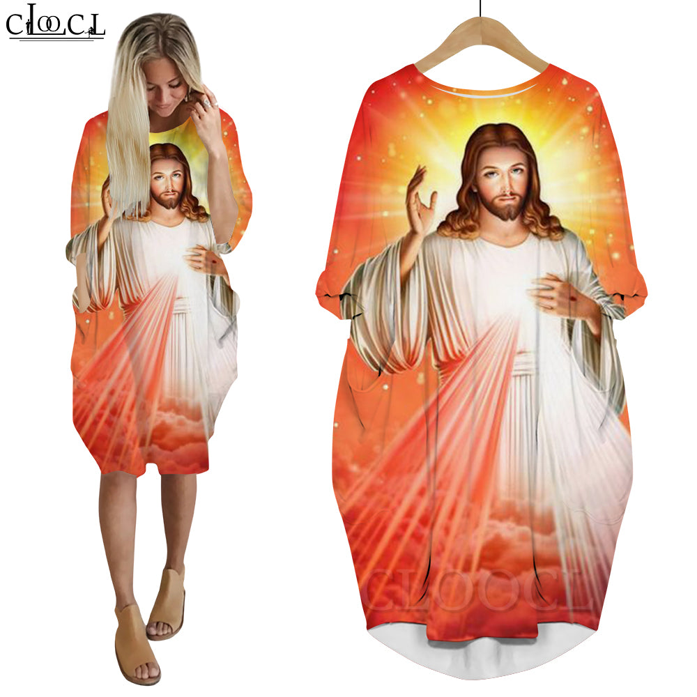 Women’s Jesus Catholic Loose Dress – Knee-Length Casual Long Sleeve Pocket Dress with 3D Printing