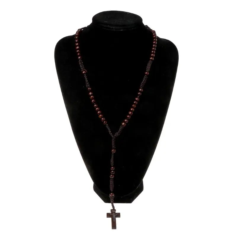 Catholic Wooden Beads Rosary Necklace with Jesus Cross Imprint – Religious Jewelry Souvenir Gift for Unisex Men and Women