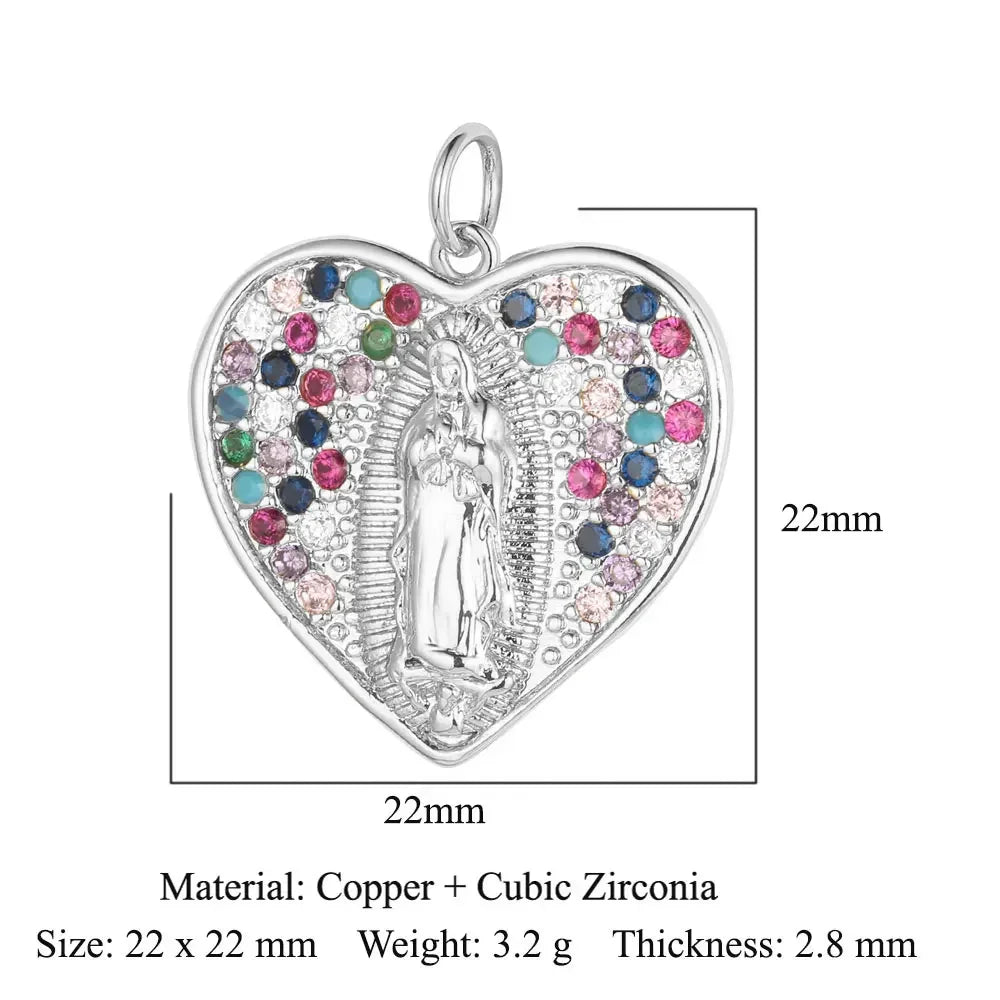 3-Piece Religious Pendant Set – Our Lady & Heart Cross Charms with Cubic Zirconia, Gold or Silver Plated