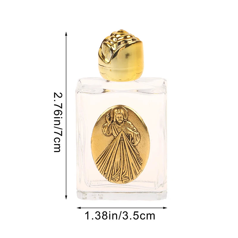 Mini Refillable Holy Water Bottle – Glass with Christian Figure & Rosette Cap – 15ml