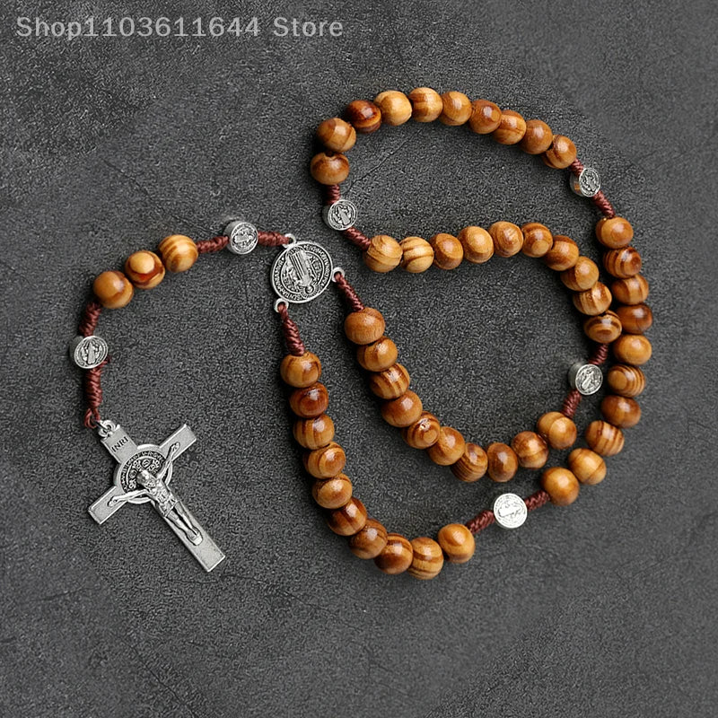 Wood Beads Rosary Cross Necklace For Women Men Christian Virgin Mary INRI Pendant Chain Fashion Religion