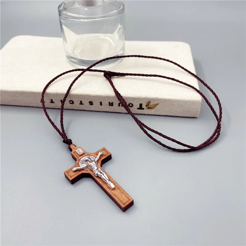 Christian Cross Pendant Necklace – Wood & Metal with Wax Rope Chain – Unisex Religious Jewelry