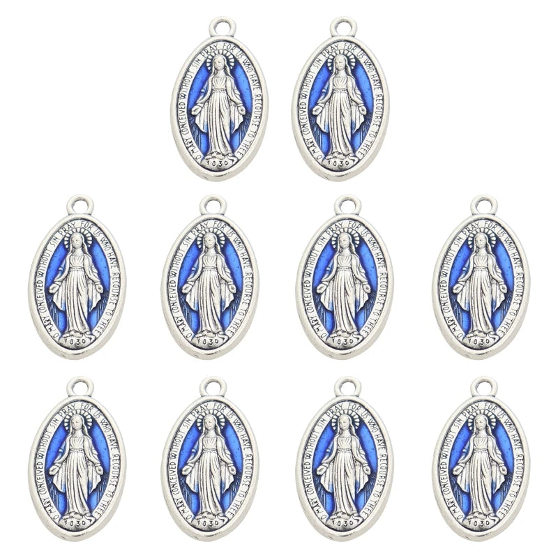 10 Pcs Miraculous Medal Pendant Charms – Catholic Necklace or Rosary Charms, Blessed Virgin Oval Pendants with Loop