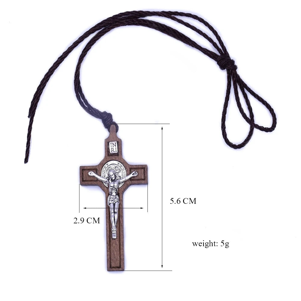 Christian Cross Pendant Necklace – Wood & Metal with Wax Rope Chain – Unisex Religious Jewelry