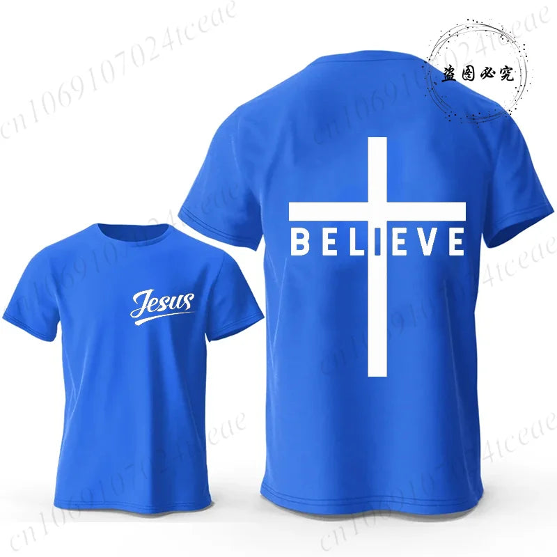Believe Cross Jesus Graphic Men’s Casual Short Sleeve T-Shirt – Breathable Modal Fabric, Four Seasons Wear