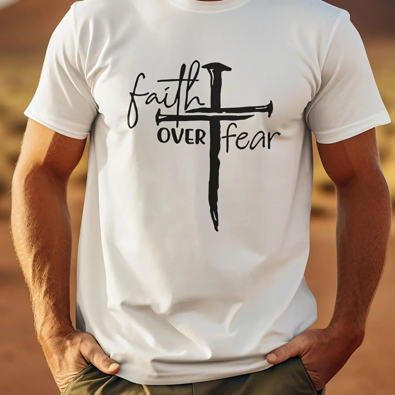 Faith Over Fear Printed Men’s Sports Crew Neck Short Sleeve T-Shirt – Breathable Cotton Casual Tee