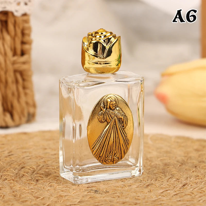 Mini Refillable Holy Water Bottle – Glass with Christian Figure & Rosette Cap – 15ml