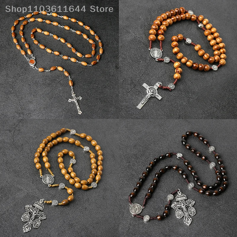 Wood Beads Rosary Cross Necklace For Women Men Christian Virgin Mary INRI Pendant Chain Fashion Religion