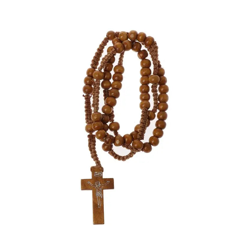 Catholic Wooden Beads Rosary Necklace with Jesus Cross Imprint – Religious Jewelry Souvenir Gift for Unisex Men and Women
