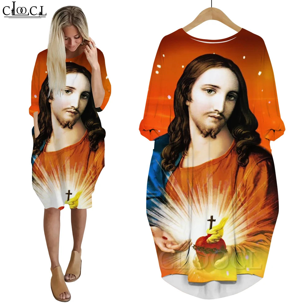 Women’s Jesus Catholic Loose Dress – Knee-Length Casual Long Sleeve Pocket Dress with 3D Printing