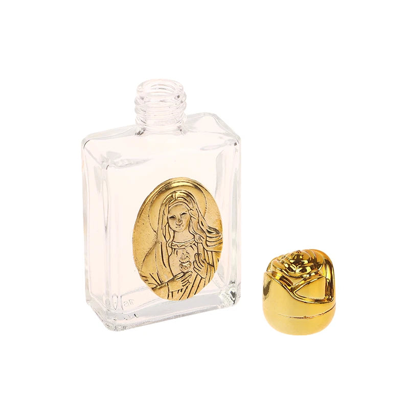 Mini Refillable Holy Water Bottle – Glass with Christian Figure & Rosette Cap – 15ml