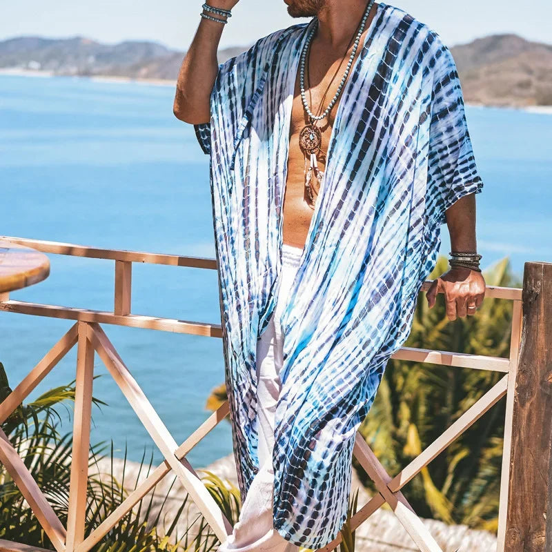 Retro Beach Cardigan Shirt for Men – Lightweight Striped Vacation Pullover with Turn-Down Collar