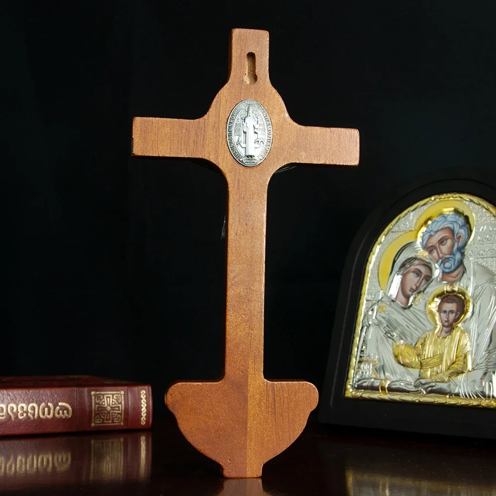 Wall-Mounted Wooden Cross with Water Holder – Traditional Decorative Wood Piece for Home or Chapel