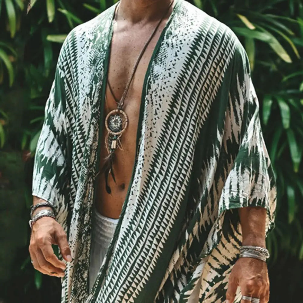 Men's Long Linen Tulum Cardigan – Lightweight Summer Sun Protection Shirt with Fringe