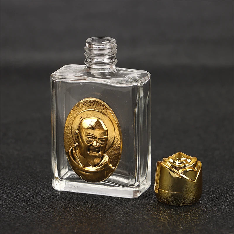 Mini Refillable Holy Water Bottle – Glass with Christian Figure & Rosette Cap – 15ml