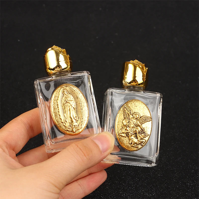Mini Refillable Holy Water Bottle – Glass with Christian Figure & Rosette Cap – 15ml