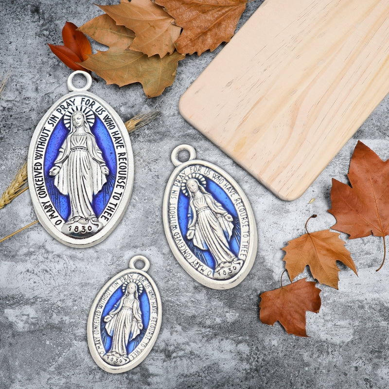 10 Pcs Miraculous Medal Pendant Charms – Catholic Necklace or Rosary Charms, Blessed Virgin Oval Pendants with Loop