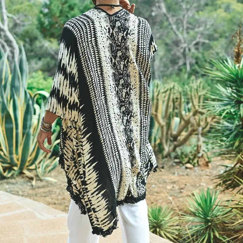 Retro Beach Cardigan Shirt for Men – Lightweight Striped Vacation Pullover with Turn-Down Collar