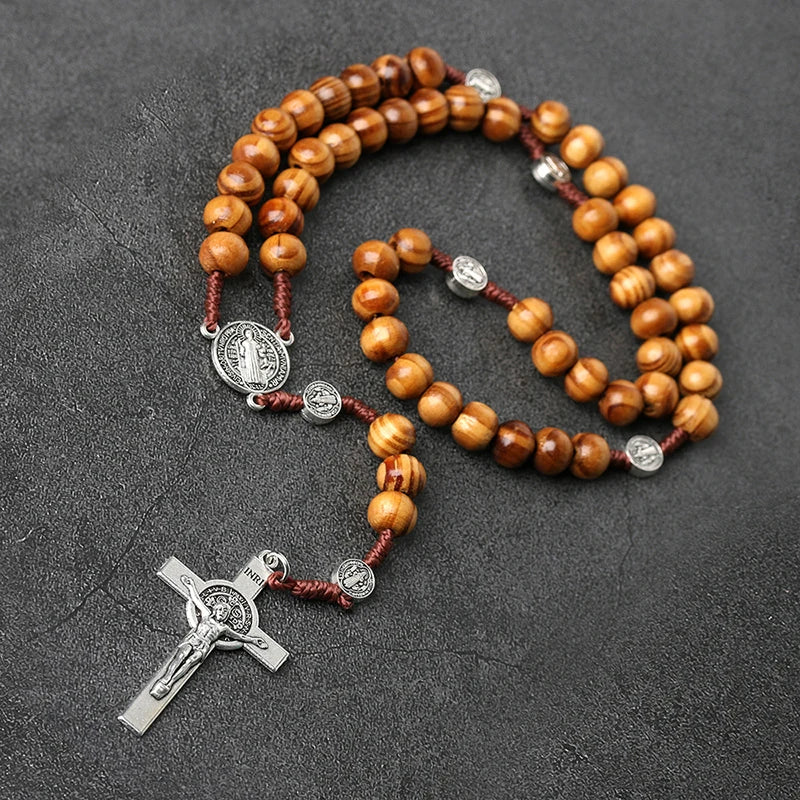Wood Beads Rosary Cross Necklace For Women Men Christian Virgin Mary INRI Pendant Chain Fashion Religion