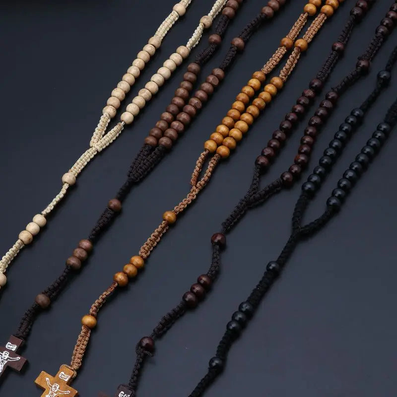 Catholic Wooden Beads Rosary Necklace with Jesus Cross Imprint – Religious Jewelry Souvenir Gift for Unisex Men and Women