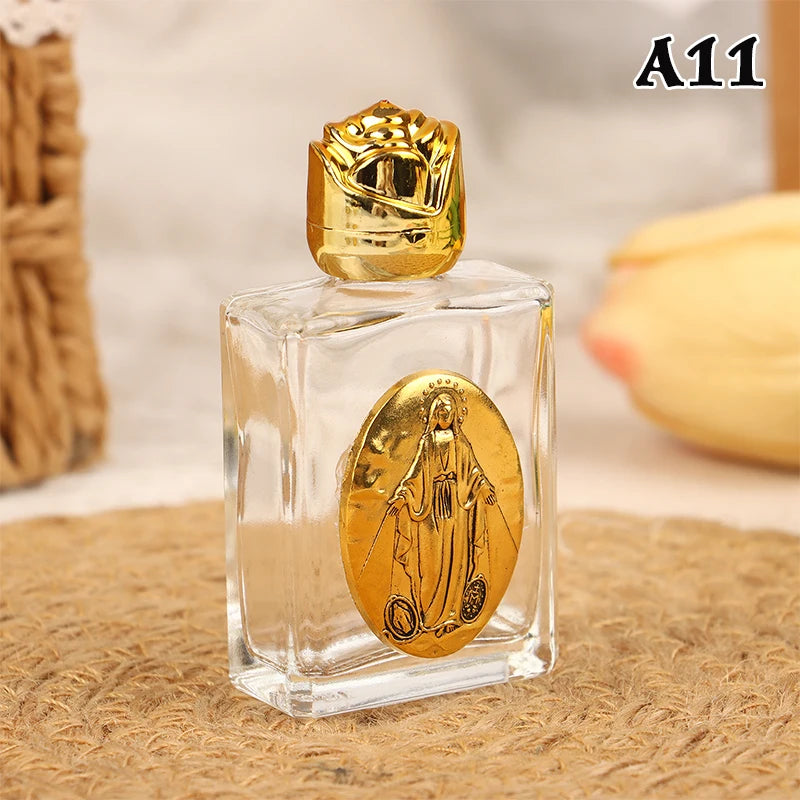 Mini Refillable Holy Water Bottle – Glass with Christian Figure & Rosette Cap – 15ml