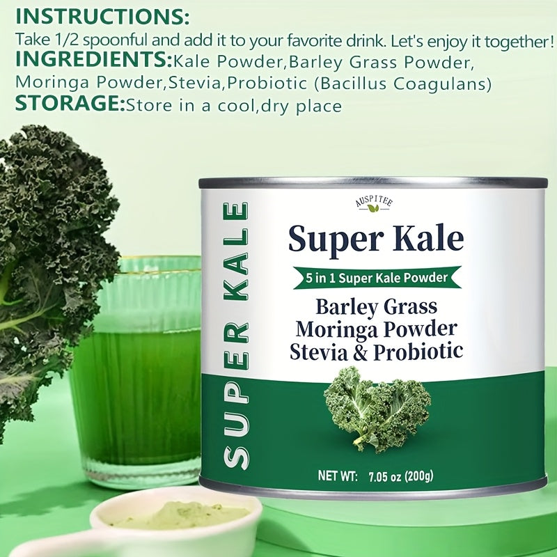 Super Kale Powder 5-in-1 – 7.05oz (200g), With Probiotics, Kale, Argan Leaf, Rice & Maltodextrin – For Smoothies & Beverages