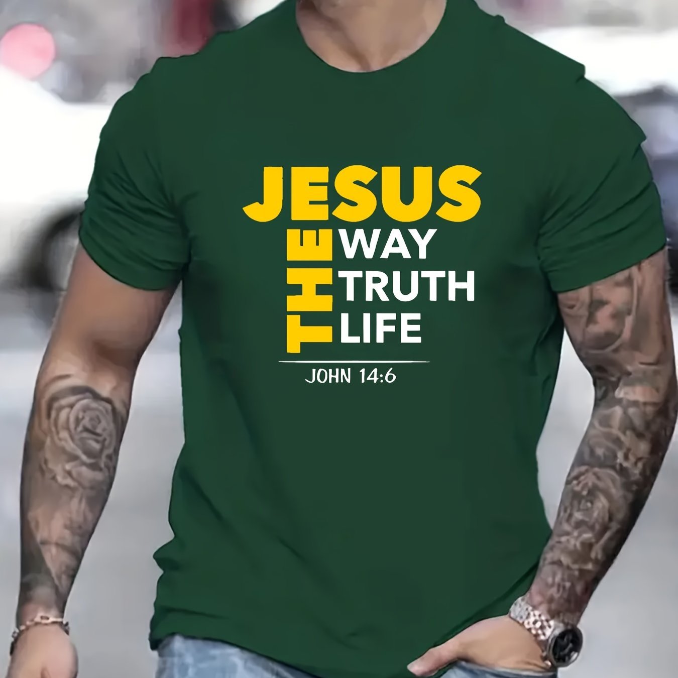 "Jesus states I am the way, the truth, and the life." T-shirt, Men's Summer Casual Short Sleeved T-shirt