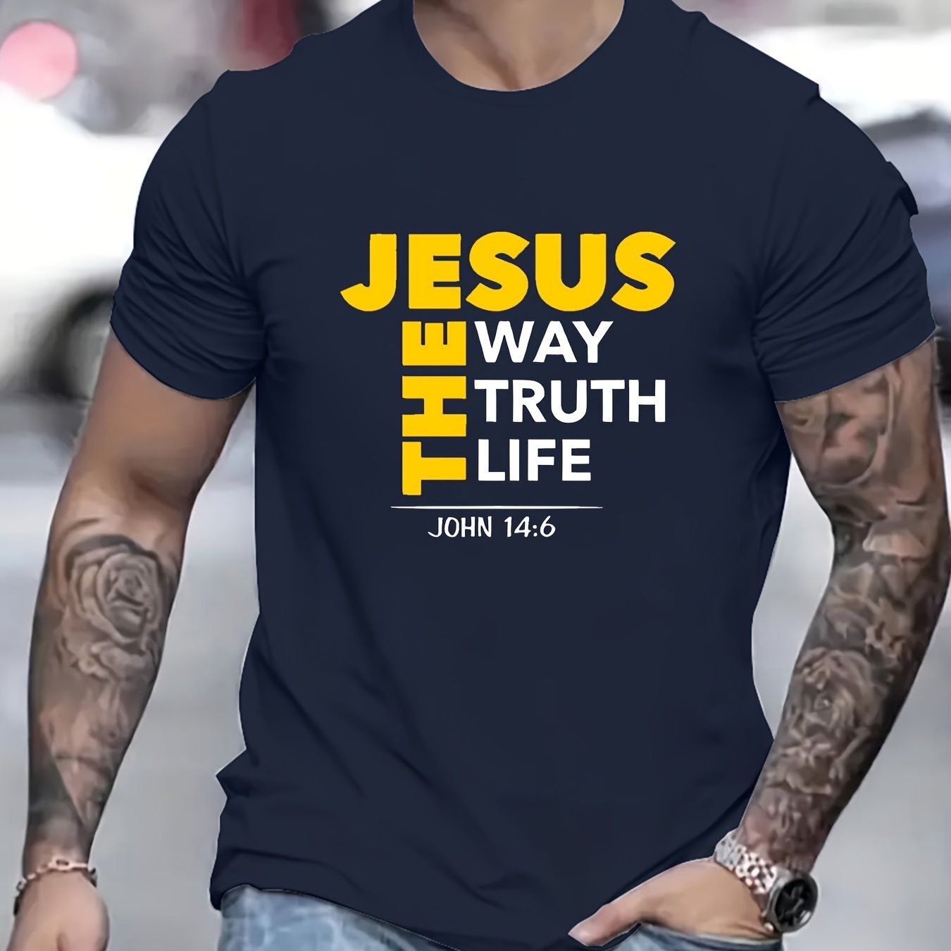 "Jesus states I am the way, the truth, and the life." T-shirt, Men's Summer Casual Short Sleeved T-shirt