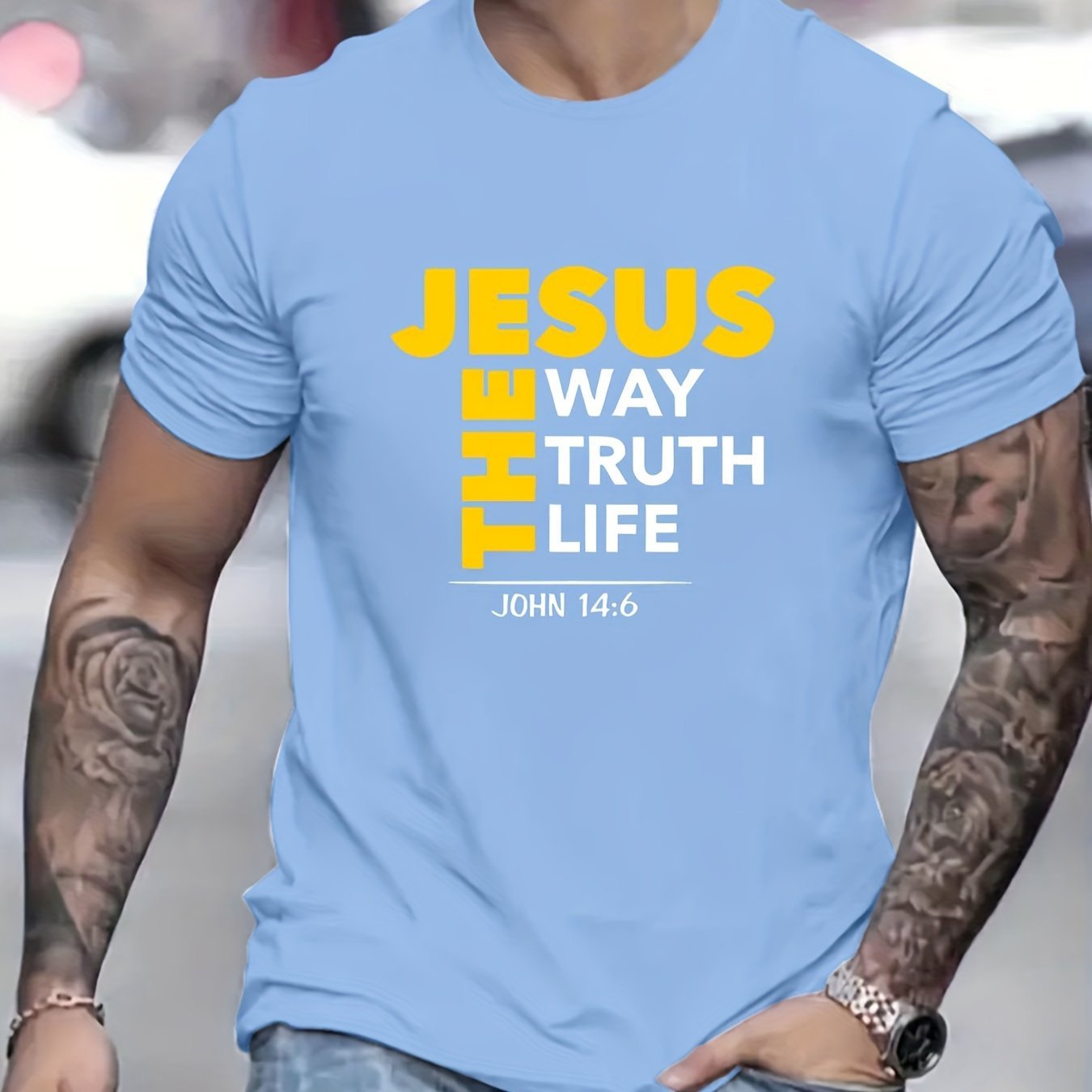 "Jesus states I am the way, the truth, and the life." T-shirt, Men's Summer Casual Short Sleeved T-shirt