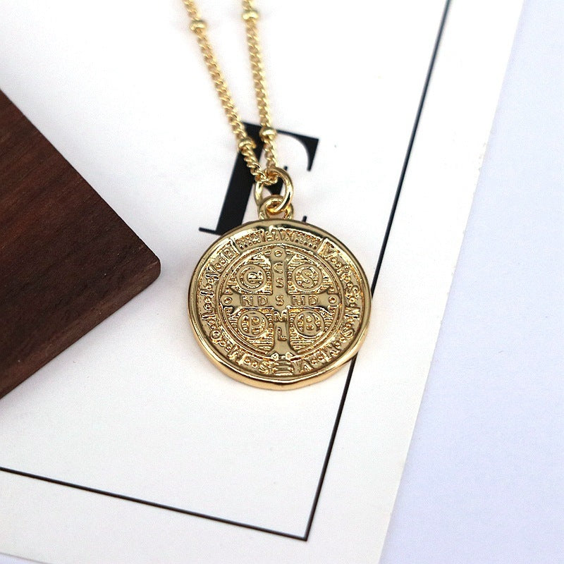 ST BENEDICT CROSS MEDAL American Fashion Design Retro Round Jesus Bead Necklace