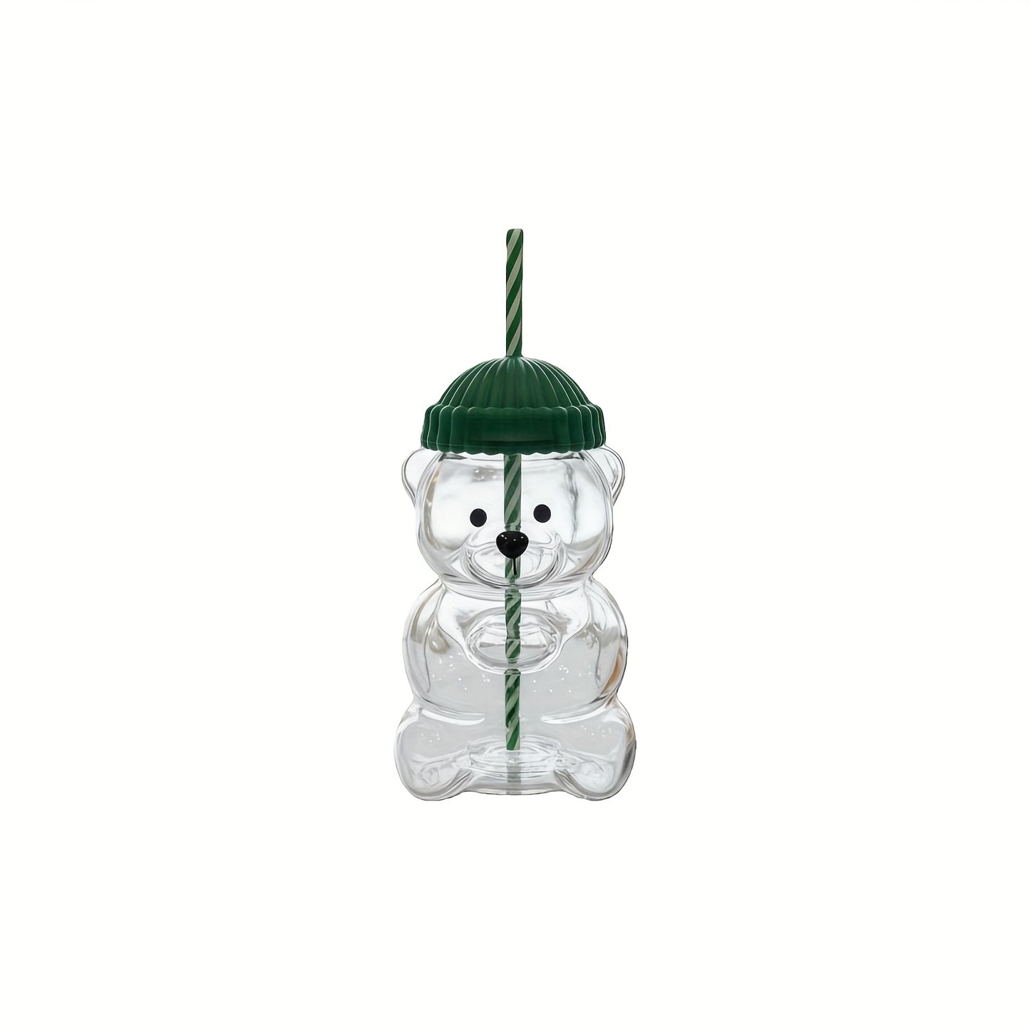 Mini Bear Glass Cup with Green Hat Lid & Straw – Cute Transparent Bear Cup for Drinks, Gifts & Office Use