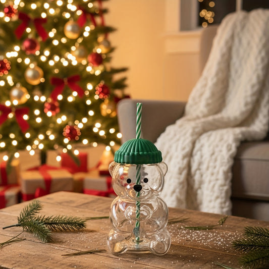 Mini Bear Glass Cup with Green Hat Lid & Straw – Cute Transparent Bear Cup for Drinks, Gifts & Office Use