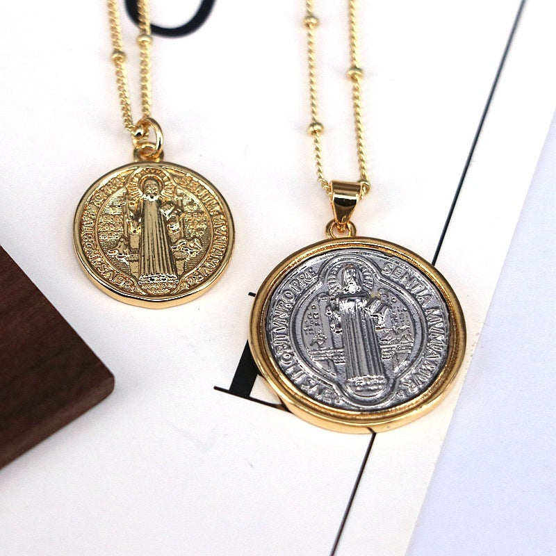 ST BENEDICT CROSS MEDAL American Fashion Design Retro Round Jesus Bead Necklace
