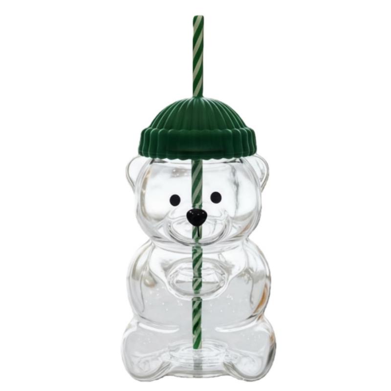 Mini Bear Glass Cup with Green Hat Lid & Straw – Cute Transparent Bear Cup for Drinks, Gifts & Office Use