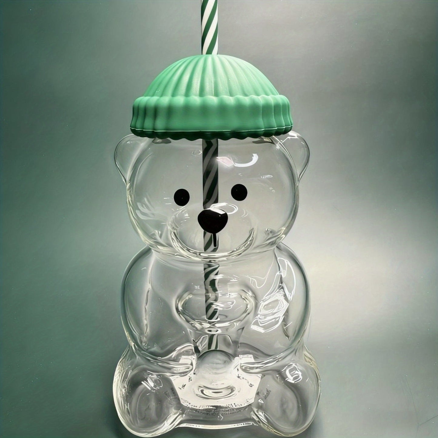 Mini Bear Glass Cup with Green Hat Lid & Straw – Cute Transparent Bear Cup for Drinks, Gifts & Office Use