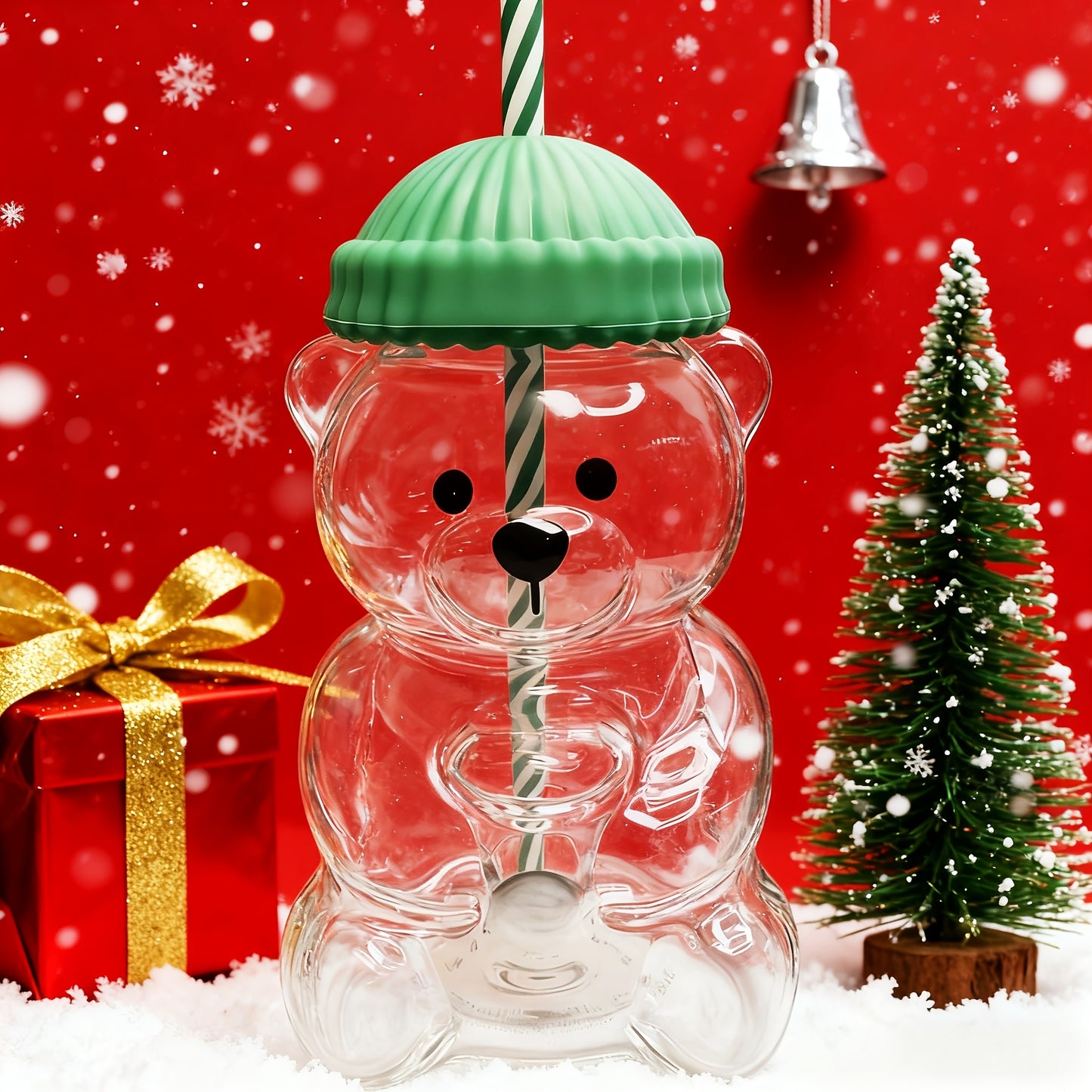 Mini Bear Glass Cup with Green Hat Lid & Straw – Cute Transparent Bear Cup for Drinks, Gifts & Office Use