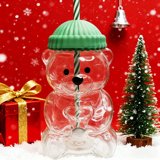 Mini Bear Glass Cup with Green Hat Lid & Straw – Cute Transparent Bear Cup for Drinks, Gifts & Office Use