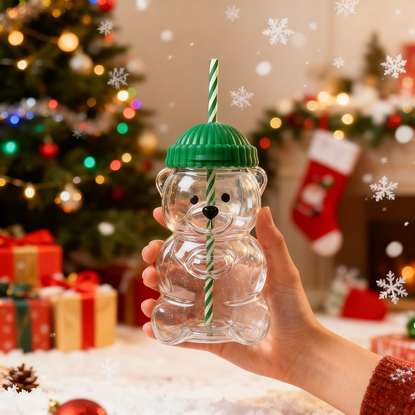 Mini Bear Glass Cup with Green Hat Lid & Straw – Cute Transparent Bear Cup for Drinks, Gifts & Office Use