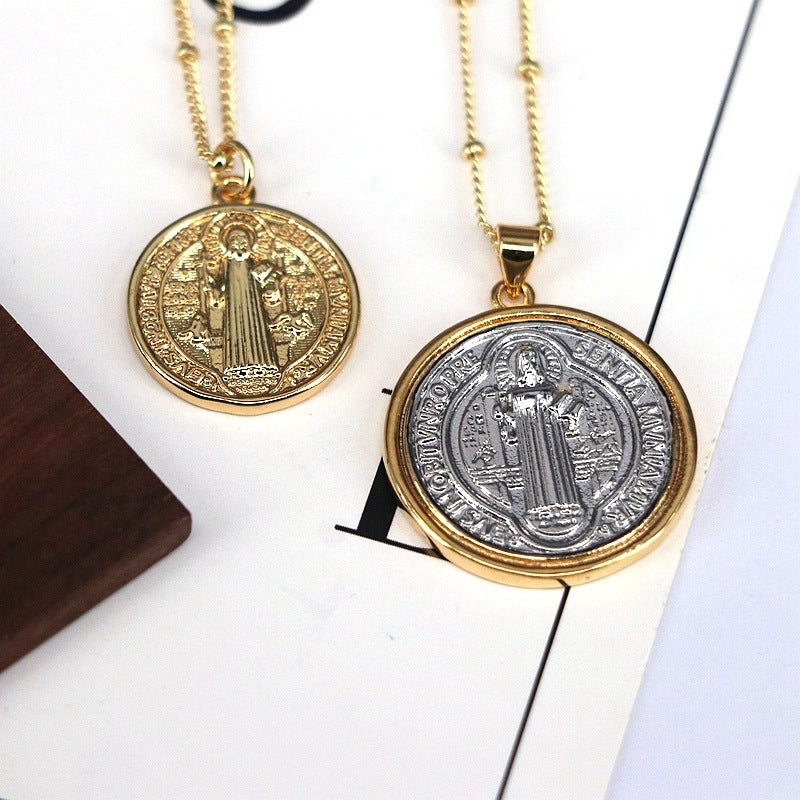 ST BENEDICT CROSS MEDAL American Fashion Design Retro Round Jesus Bead Necklace